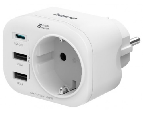 ENCHUFE  MULTIPLE HAMA 1xSCHUKO 2XUSB-A + 1XUSB-C 20W PD QC BLANCO