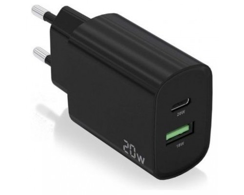 CARGADOR AISENS 20W 1XUSB-C PD3.0 1XUSB-A QC3.0 NEGRO