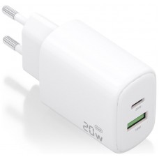 CARGADOR AISENS GAN 20W, 1XUSB-C PD3.0, 1XUSB-A QC3.0, BLANCO