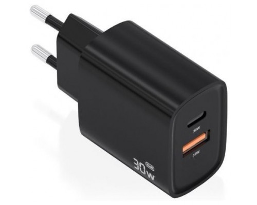 CARGADOR AISENS GAN 30W 1XUSB-C PD3.0 QC4.0 1XUSB-A QC3.0 NEGRO
