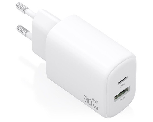 CARGADOR AISENS GAN 30W 1XUSB-C PD3.0 QC4.0 1XUSB-A QC3.0 BLANCO