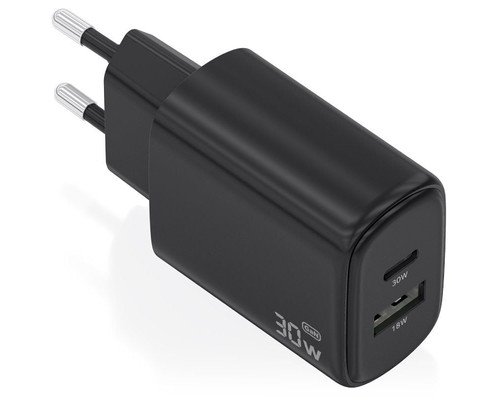 CARGADOR AISENS GAN 30W 1XUSB-C PD3.0 QC4.0 1XUSB-A QC3.0 NEGRO