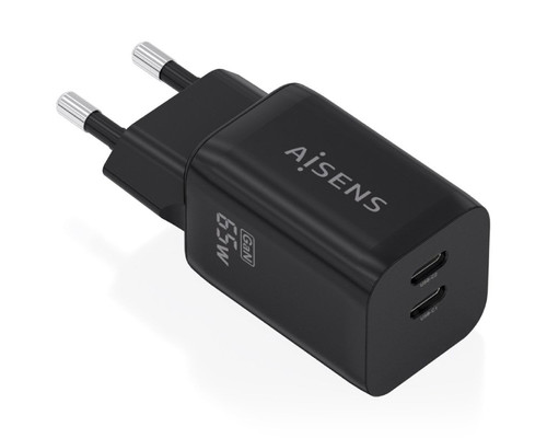 CARGADOR AISENS GaN 65W 2xUSB-C PD3.0 QC4.0 NEGRO