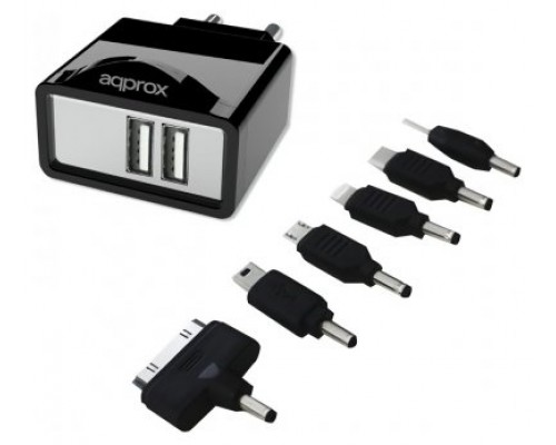 CARGADOR USB DE VIAJE/PARED DUAL+ 6 TIPS NEGRO APPROX