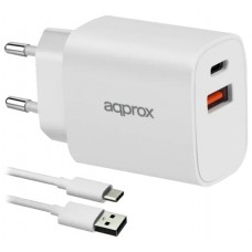 CARGADOR USB DE VIAJE/PARED 1xUSB/USB-C + CABLE USB-A A USB-C 20W BLANCO APPROX