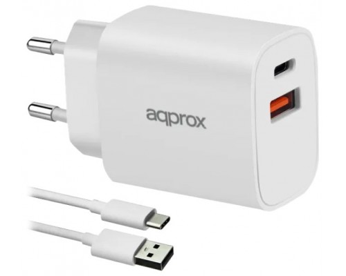 CARGADOR USB DE VIAJE/PARED 1xUSB/USB-C + CABLE USB-A A USB-C 20W BLANCO APPROX