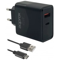 CARGADOR USB DE VIAJE/PARED 1xUSB/USB-C + CABLE USB-A A USB-C 45W NEGRO APPROX
