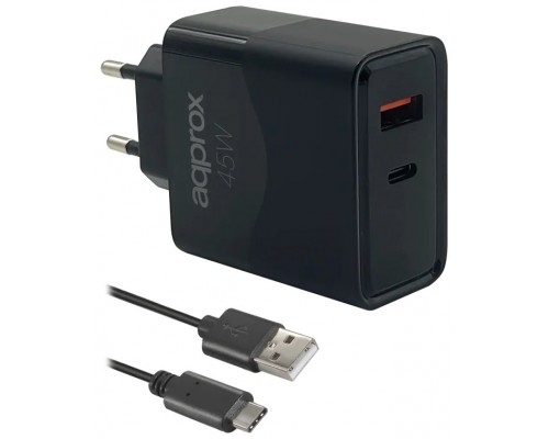 CARGADOR USB DE VIAJE/PARED 1xUSB/USB-C + CABLE USB-A A USB-C 45W NEGRO APPROX