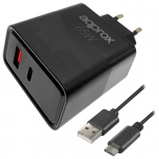 CARGADOR USB DE VIAJE/PARED 1xUSB/USB-C + CABLE USB-A A USB-C 65W NEGRO APPROX
