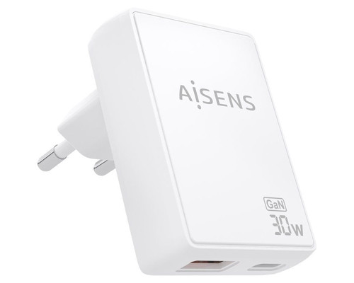 CARGADOR AISENS GAN PARED 30W USB-C PD3.0 QC4.0 USB-A QC3.0 BLANCO