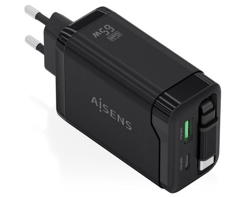 CARGADOR AISENS GAN 65W 1XUSB-C CABLE RETRACTIL 1XUSB-C PD 1XUSB-A