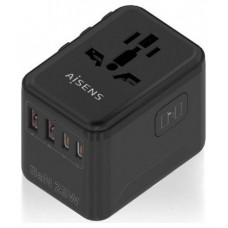 ADAPTADOR AISENS ENCHUFE UNIVERSAL VIAJE CARGADOR USB GAN 25W NEGRO