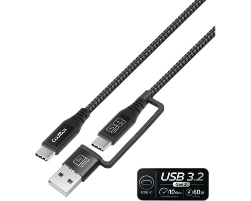 CABLE TRENZADO USB-C + A/ USB-C 3.2 Gen2 + CARGA RAPIDA 60W 1.8 M NEGRO COOLBOX-AA3 CABLE TRENZADO USB-C + A/ USB-C 3.2 Gen2 + CARGA RAPIDA 60W 1.8 M NEGRO COOLBOX