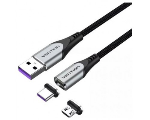 CABLE USB-A MAGNETICO CON ADAPTADOR MICROUSB/M USB-C/M 0.5 M GRIS VENTION