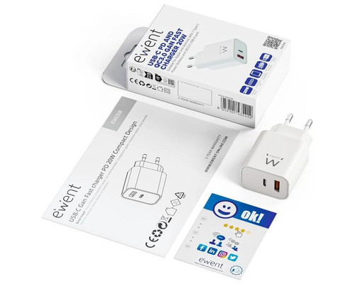 EWENT EW1318 Cargador rápido USB-C PD 20W USB-A QC-IA4 EWENT EW1318 Cargador rápido USB-C PD 20W USB-A QC