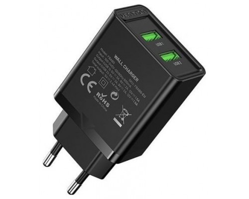 CARGADOR PARED 18W 2xUSB-A 3A NEGRO VENTION