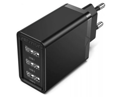 CARGADOR PARED/VIAJE 3xUSB-A 12W NEGRO VENTION