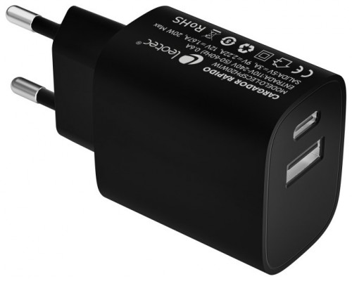 LEOTEC CARGADOR 20W CARGA RAPIDA 1 USB TIPO-C PD 1 USB-A NEGRO