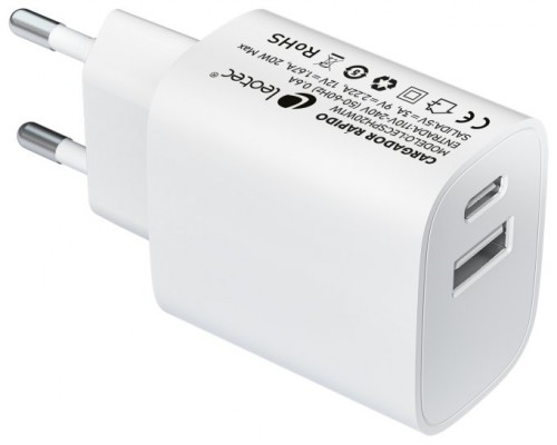 CARGADOR PARED/VIAJE USB-C/PD + USB-A 20W BLANCO LEOTEC