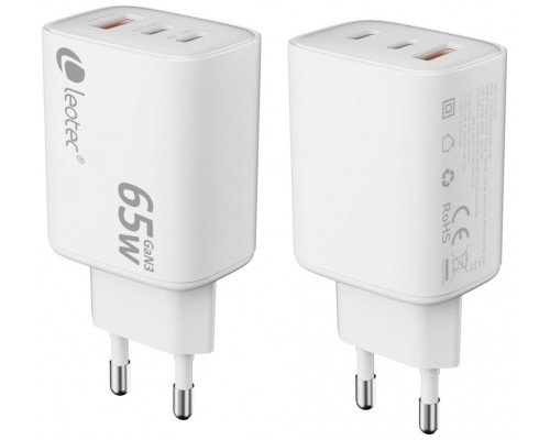 CARGADOR PARED/VIAJE ULTRA SLIM 2xUSB-C/PD + USB-A 65W BLANCO LEOTEC