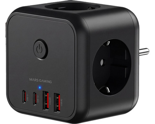CARGADOR CUBO 3xAC + 2xUSB-C + 2xUSB-A 20W PD+GaN TYPE-F NEGRO MARS GAMING