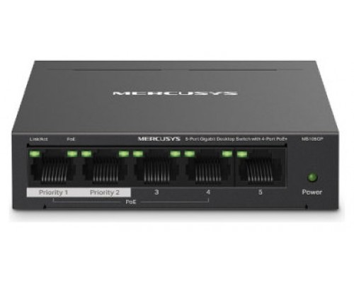 SWITCH NO GESTIONABLE MERCUSYS MS105GP 5P 10/100/1000 DE ESTOS 4P POE+ 65W ETHERNET MINI·