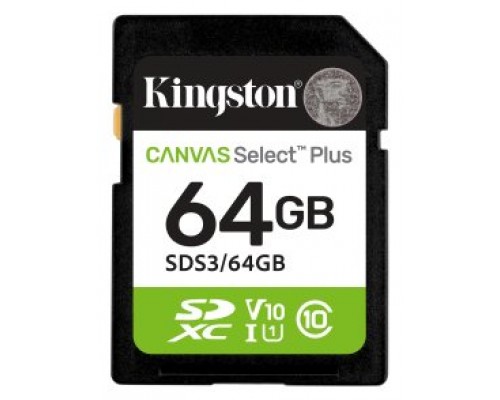 SECURE DIGITAL HC 64 GB CANVAS SELECT PLUS GEN3 CLASE10 KINGSTON