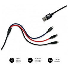 CABLE 3EN1 MICRO USB/TYPE C/LIGHTNING 3.0 1 M NEGRO SUBBLIM