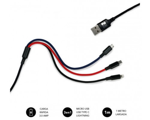 CABLE 3EN1 MICRO USB/TYPE C/LIGHTNING 3.0 1 M NEGRO SUBBLIM