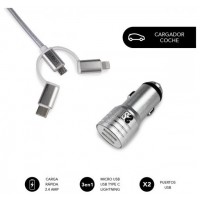 CARGADOR USB COCHE 2xUSB (2.4A) + CABLE 3EN1 PLATA SUBBLIM