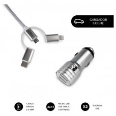 CARGADOR USB COCHE 2xUSB (2.4A) + CABLE 3EN1 PLATA SUBBLIM