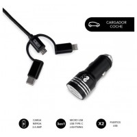 CARGADOR USB COCHE 2xUSB (2.4A) + CABLE 3EN1 NEGRO SUBBLIM