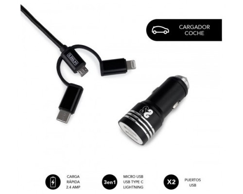 CARGADOR USB COCHE 2xUSB (2.4A) + CABLE 3EN1 NEGRO SUBBLIM