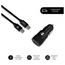 CARGADOR ULTRA RAPIDO USB COCHE 2xUSB (2.4A) + CABLE TYPE-C NEGRO SUBBLIM