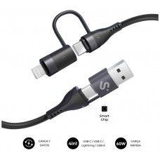 CABLE TOP 4 EN 1 60W USB-A/2xUSB-C/LIGHTNING 1 M NEGRO SUBBLIM