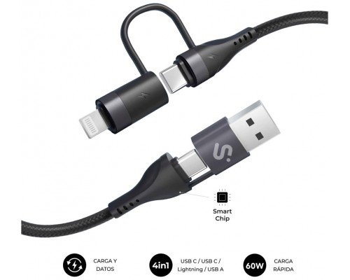 CABLE TOP 4 EN 1 60W USB-A/2xUSB-C/LIGHTNING 1 M NEGRO SUBBLIM