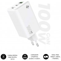 CARGADOR PARED/VIAJE 2xUSB-C + USB/A GaN 100W PD BLANCO SUBBLIM