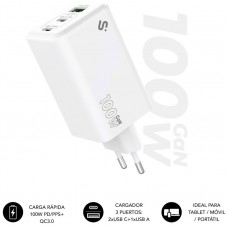 CARGADOR PARED/VIAJE 2xUSB-C + USB/A GaN 100W PD BLANCO SUBBLIM