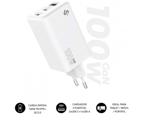 CARGADOR PARED/VIAJE 2xUSB-C + USB/A GaN 100W PD BLANCO SUBBLIM