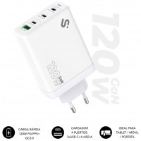 CARGADOR PARED/VIAJE 3xUSB-C + USB/A GaN 120W PD BLANCO SUBBLIM
