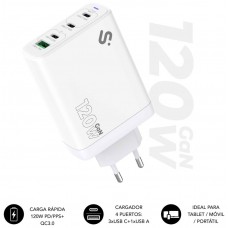 CARGADOR PARED/VIAJE 3xUSB-C + USB/A GaN 120W PD BLANCO SUBBLIM