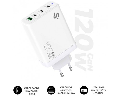 CARGADOR PARED/VIAJE 3xUSB-C + USB/A GaN 120W PD BLANCO SUBBLIM