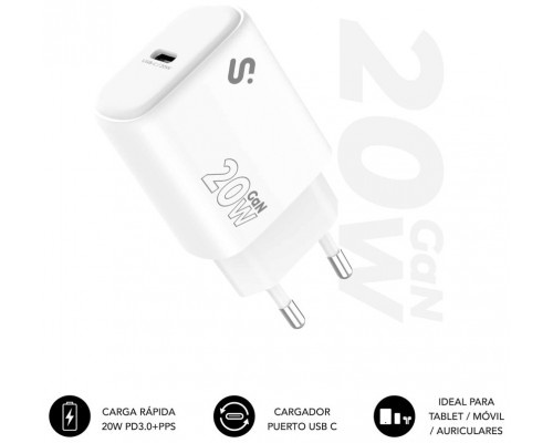 CARGADOR PARED/VIAJE USB-C GaN 20W PD BLANCO SUBBLIM