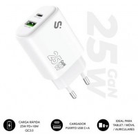 CARGADOR PARED/VIAJE USB-C + USB-A GaN 25W PD BLANCO SUBBLIM