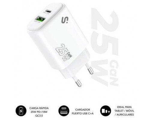 CARGADOR PARED/VIAJE USB-C + USB-A GaN 25W PD BLANCO SUBBLIM