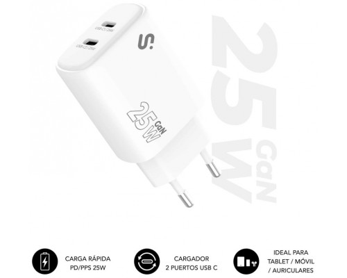CARGADOR PARED/VIAJE 2x USB-C GaN 25W PD BLANCO SUBBLIM