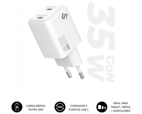 CARGADOR PARED/VIAJE USB-C + USB-C GaN 35W PD BLANCO SUBBLIM