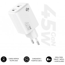 CARGADOR PARED/VIAJE 2xUSB-C GaN 45W PD BLANCO SUBBLIM