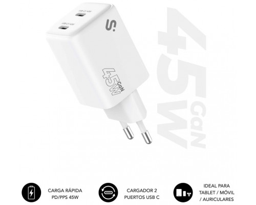 CARGADOR PARED/VIAJE 2xUSB-C GaN 45W PD BLANCO SUBBLIM
