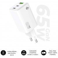 CARGADOR PARED/VIAJE 2xUSB-C +USB-A GaN 65W PD BLANCO SUBBLIM